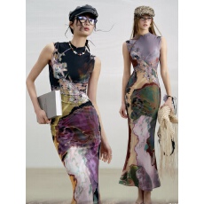 批发国风新中式前后两穿撞色<b class='q'>印花</b>旗袍背心长裙性感气质<b class='q'>印花</b>鱼尾<b class='q'>连衣裙</b>