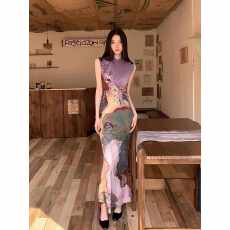 批发复古国风新中式两穿式撞色性感旗袍<b class='q'>连衣裙</b>高级感<b class='q'>印花</b>鱼尾背心长裙