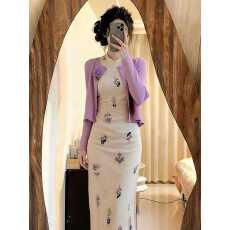 批发新中式女装米白色<b class='q'>印花</b>旗袍开衫套装26春小众设计高级感国风<b class='q'>连衣裙</b>