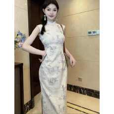 批发球球夫人竹林夏款新品浅灰色后拉链无袖显白修身<b class='q'>旗袍</b>