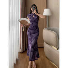 批发新中式复古改良版<b class='q'>旗袍</b>女夏季<b class='q'>新款</b>植绒烧花镂空修身鱼尾连衣裙长裙