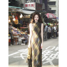 批发【绝代风华】新中式复古格纹立领无袖旗袍优雅高级感<b class='q'>连衣裙</b>