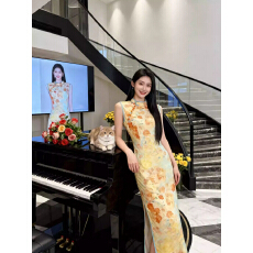 批发小清新黄色新款<b class='q'>春</b>夏无袖锦上添花送考日常无袖斜襟旗袍小个子旗袍