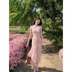 批发凌茜恣禾桃坞风华粉色新中式立体花旗袍女春夏弹力网纱鱼尾连衣裙