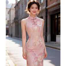 批发2026粉花落香新款文艺新中式港风无袖收腰气质显瘦多巴胺改良旗袍