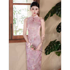 批发粉色无袖挂脖旗袍2026新款改良年轻款女夏季新中式连衣裙订婚礼服