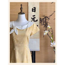 批发【黄桃】法式茶歇黄色旗袍连衣裙温柔风蝴蝶结小众设计感连衣裙