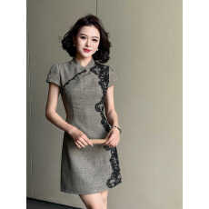 批发黛色鎏边新中式旗袍国风古法高级灰色气质蕾丝拼接连衣裙女夏