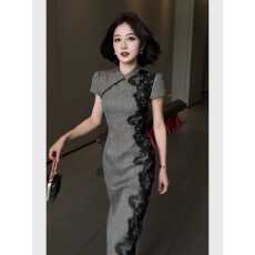批发灰色蕾丝重工拼接<b class='q'>修身</b>连衣<b class='q'>裙</b>女2026新款新中式旗袍高级绝美小<b class='q'>裙</b>子