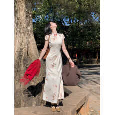 批发凌茜恣禾桃梦新中式缎面碎花改良旗袍女春夏提花短袖收腰连衣裙