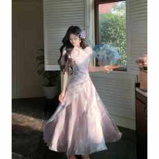 批发幻紫流云新中式改良国风暗纹印花<b class='q'>旗袍</b>收腰琉光纱裙