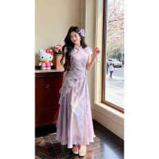 批发幻紫流云新中式改良国风2026<b class='q'>夏季</b>暗纹印花<b class='q'>旗袍</b>收腰琉光纱裙女