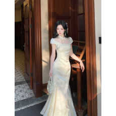 批发2026年<b class='q'>夏季</b>新款远山烟岚改良<b class='q'>旗袍</b>提花蕾丝拼接鱼尾裙仙气连衣裙