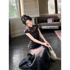 批发<b class='q'>夏季</b>新款改良<b class='q'>旗袍</b>提花蕾丝拼接鱼尾裙黑色高级感设计连衣裙长裙