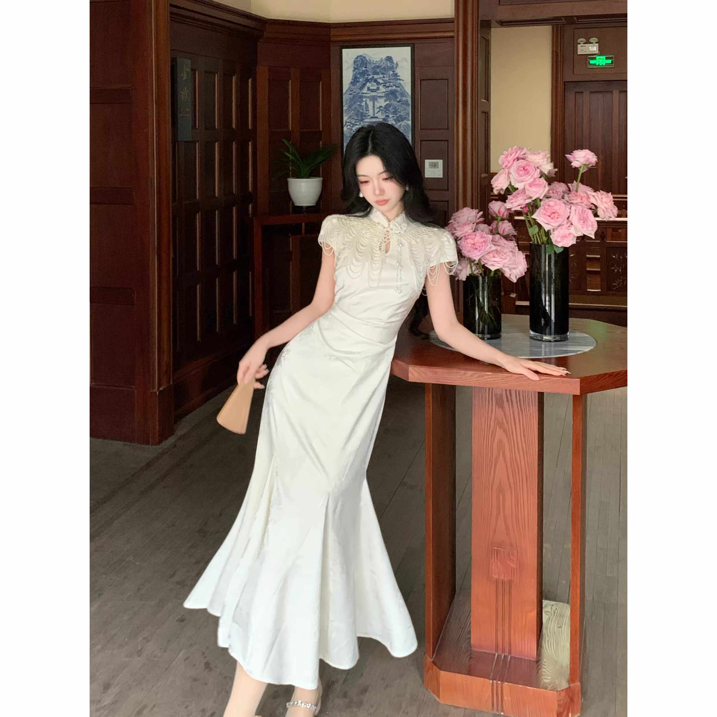 RY2329# 步步生莲温柔新中式立领提花收腰轻国风旗袍鱼尾连衣裙