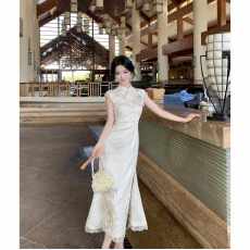 批发青鸟衔芳新中式重工花鸟刺绣提花改良旗袍蕾丝拼接长裙连衣裙