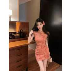 批发粉色<b class='q'>复古</b>印花无袖镂空短款旗袍裙新中式气质修身显瘦开叉连衣裙潮