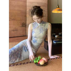 批发新中式连衣裙江浙沪千金穿搭<b class='q'>复古</b>印花改良旗袍无袖长裙性感包臀裙