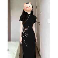 批发新中式刺绣黑色旗袍连衣裙女夏气质裙子收腰显瘦黑色长裙连衣裙