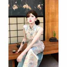 批发新中式国风改良花色无袖旗袍女夏季新款收腰包臀修身显身材连衣裙