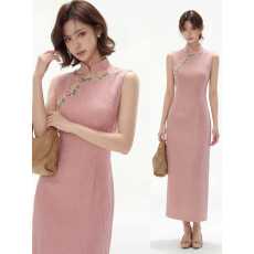 批发2026夏季新品新中式立领无袖旗袍连衣裙色刺绣长款气质优雅旗袍