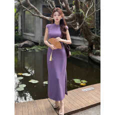 批发紫色新中式国风改良旗袍连衣裙女夏2026新款气质修身显瘦两件套