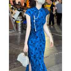 批发2026新款夏季显瘦显白日常蓝色改良弹力复古旗袍女新中式连衣裙夏