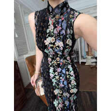 批发山野逸梦2026年夏季新款花色复古风中长修身收腰花卉印花日常旗袍