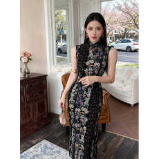 批发2026年夏季新款新中式花色复古风中长修身收腰花卉印花日常旗袍裙