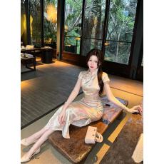 批发新中式女装白色国风盘扣蕾丝印花收腰改良旗袍海边度假气质连衣裙