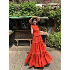 批发新中式旗袍红色立领收腰上衣蛋糕裙套装夏<b class='q'>民族风</b>度假长裙两件套