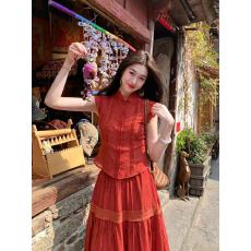 批发南枝红色小飞袖短款上衣蕾丝长裙半身裙旗袍裙套装