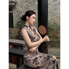 批发江南水墨水滴镂空印花网纱连衣裙女<b class='q'>春</b>夏气质东方韵无袖旗袍长裙