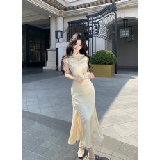 批发浮梦<b class='q'>春</b>绯新中式改良黄色旗袍夏新款温婉国风盘扣立领连衣裙