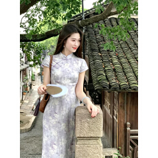 批发【妄<b class='q'>春</b>山】新中式紫碎花改良旗袍女<b class='q'>春</b>夏立领掐腰连衣裙