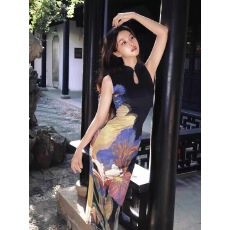 批发古早新中式双面穿花卉撞色改良旗袍裙无袖背心连衣裙女包臀鱼尾裙