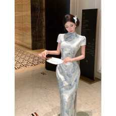 批发青蓝水墨新中式印花旗袍女<b class='q'>春</b>夏清冷感修身短袖连衣裙
