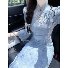批发绝美新中式蓝色旗袍改良年轻款少女秋季新款高级感气质扎染连衣裙