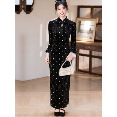 批发<b class='q'>黑白</b>色波点旗袍高级感妈妈丝绒女<b class='q'>连衣裙</b>长袖保暖秋冬装洋气年轻款