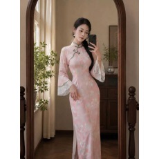 批发2026年秋季新款新中式粉色显瘦<b class='q'>改良</b><b class='q'>旗袍</b>清新连衣裙子气质长袖