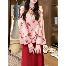 批发新中式减龄红色樱桃提花上衣女国风复古高级感喜庆穿搭半身裙套装