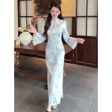 批发温柔风新中式晕染碎花喇叭袖连衣裙蕾丝拼接掐腰小裙子2026秋季款