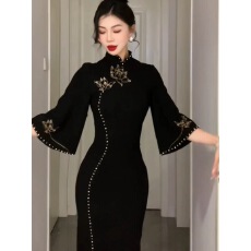 批发珠莲2026早秋新款复古新中式旗袍<b class='q'>修身</b>中国风黑色简雅<b class='q'>连衣裙</b>女