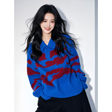 批发商场撤柜超好看内搭上衣宝蓝色撞色polo领宽松加厚针织毛衣女春秋