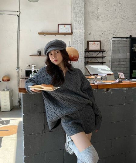 한국 chic 가을 겨울 프랑스식 느긋한 바람 와이드 부드러운 찹쌀 꽈배기 니트 스웨터 하이웨이스트 캐주얼 반바지 세트