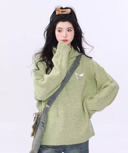 2026 이른 가을 착용 가져 가라. 소금 부서 홍콩 느낌 녹색 스웨터 슬림해 보이는 느긋한 다용도 후드 디자인 센스 외출용 스웨터 여자