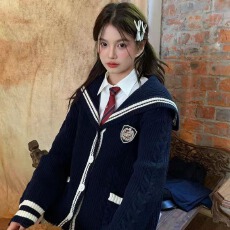 批发东京岁时记JK<b class='q'>制服</b>毛衣针织开衫外套女藏青色<b class='q'>海军</b>领学院风宽松慵懒