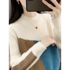 批发韩系半高领针织衫女<b class='q'>春</b>秋拼色软糯洋气上衣宽松毛衣打底衫套头上衣