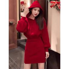 批发连帽加厚针织<b class='q'>连衣裙</b>女秋冬新款时尚减龄收腰显瘦打底包臀毛衣短裙