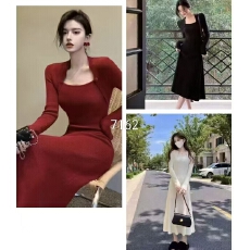 批发法式新年红色方领修身圣诞针织连衣裙女装2025秋<b class='q'>冬</b>季新款长裙